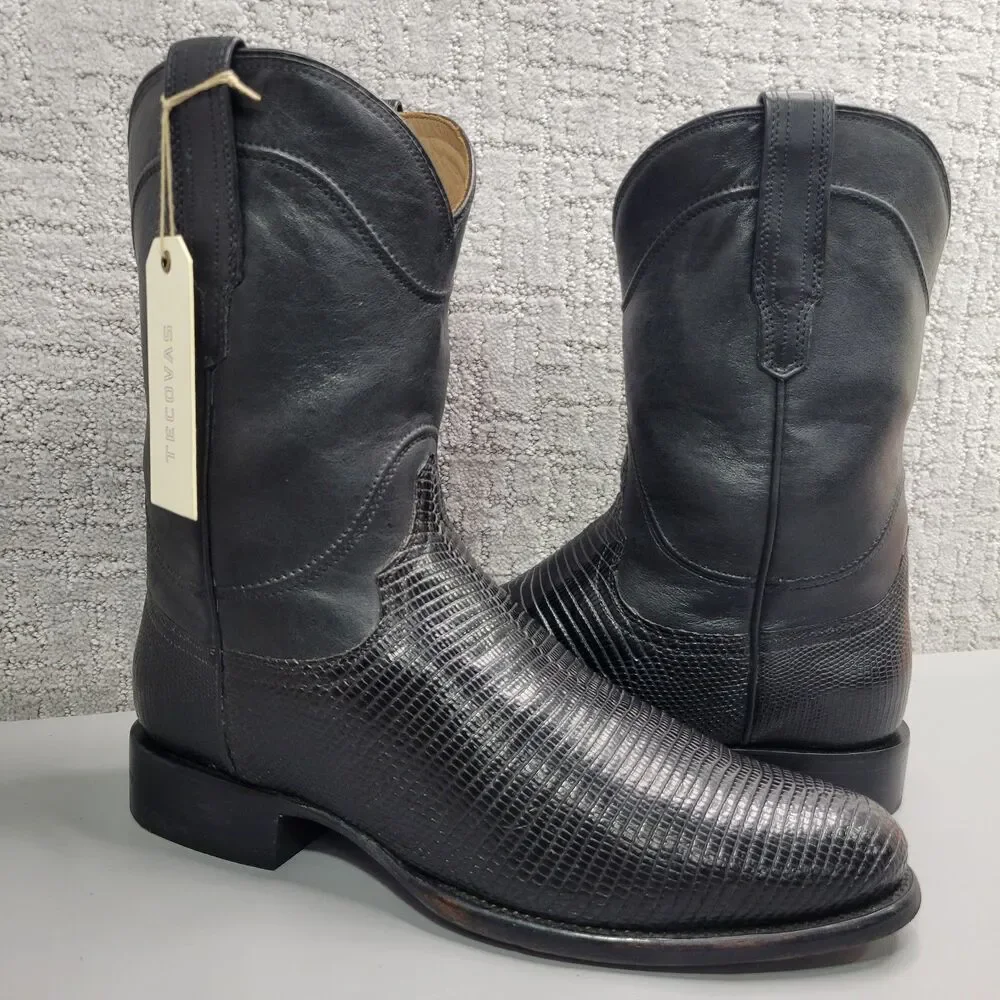 Tecovas The Earl Mens Size US 12.5D Obsidian Lizard Leather Pull-On Roper Boots